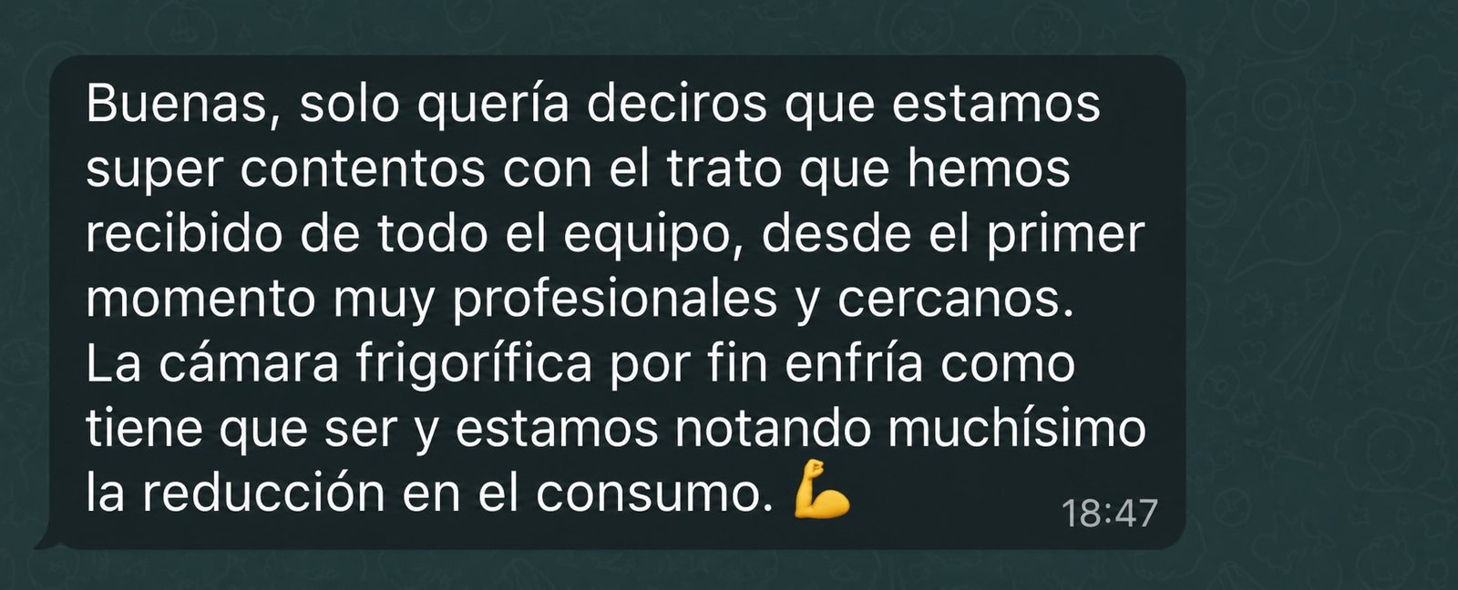 Captura de WhatsApp de un cliente ITAFE B2B en Málaga: 'La cámara frigorífica por fin enfría como tiene que ser y estamos notando muchísimo la reducción en el consumo'