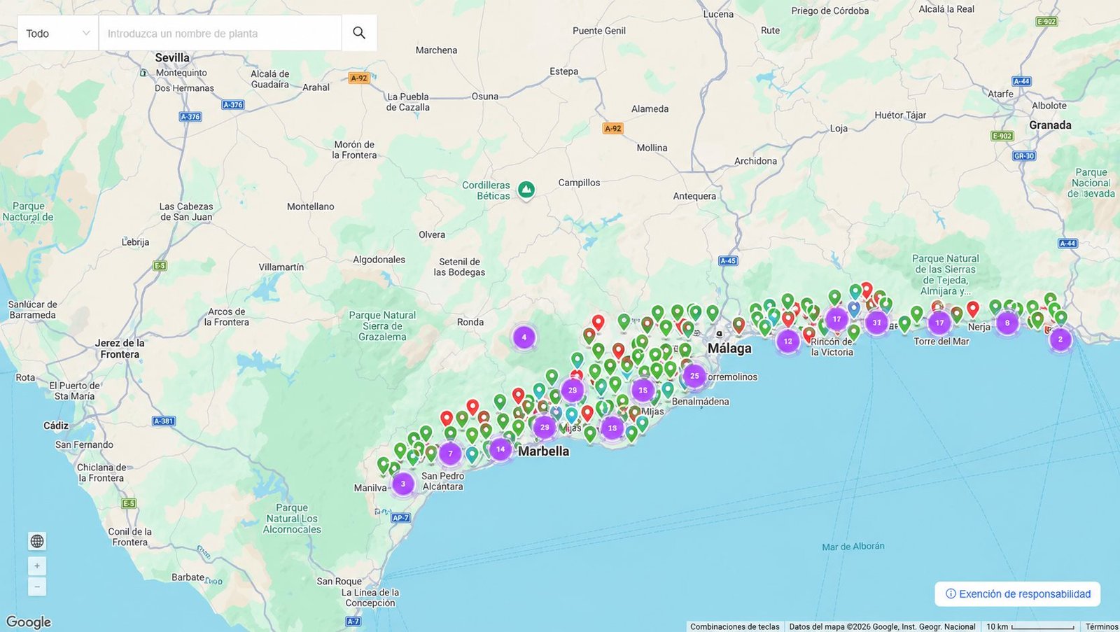Mapa de instalaciones solares ITAFE monitorizadas 24/7 en Málaga, Marbella, Estepona, Mijas, Fuengirola, Benalmádena, Vélez-Málaga y Sotogrande