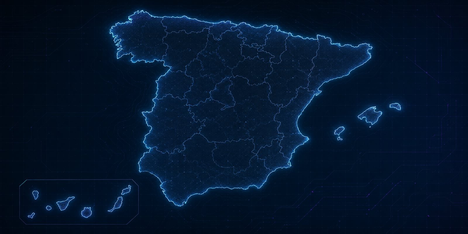 Mapa de España estilo blueprint con las 8 ciudades donde ITAFE ha ejecutado Administraciones de Lotería