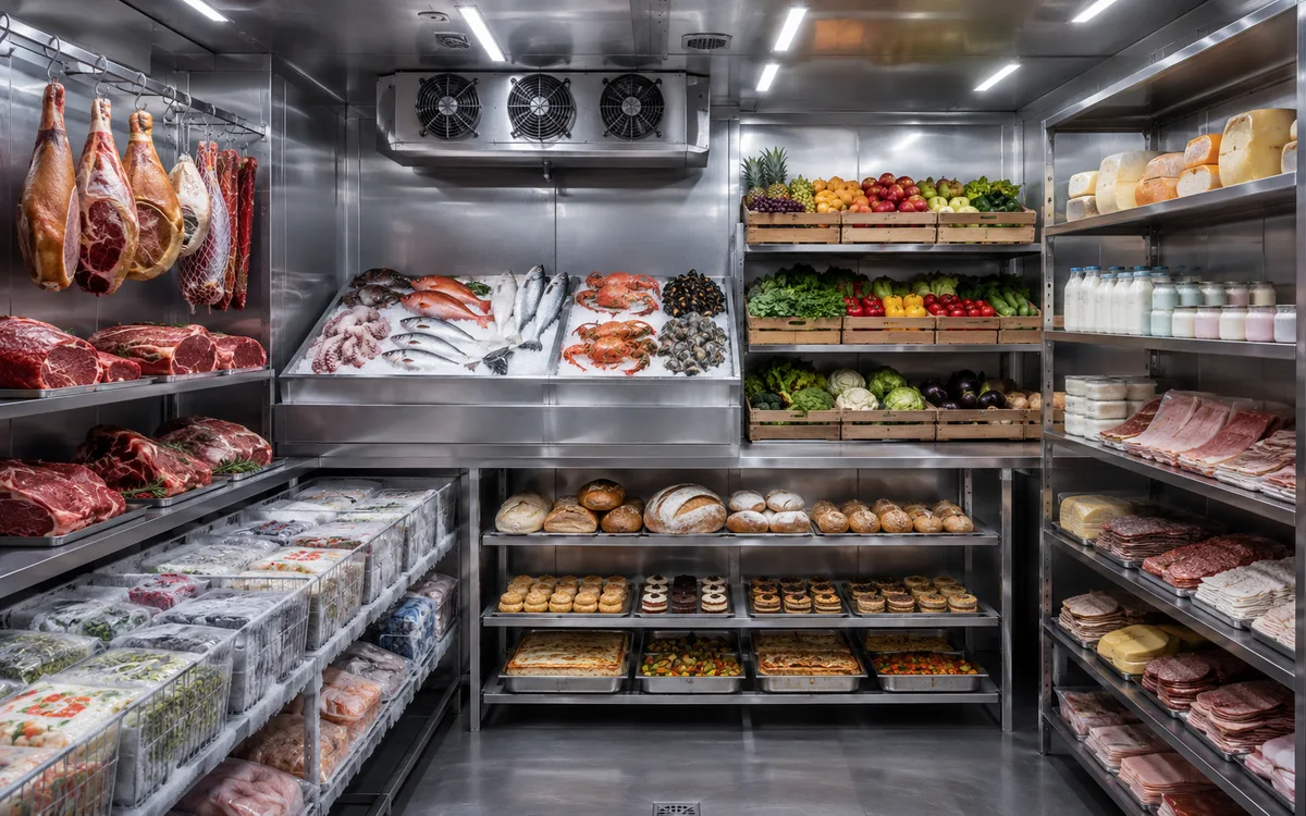 Cámara frigorífica de ITAFE con carne, pescado, fruta, lácteos y congelados