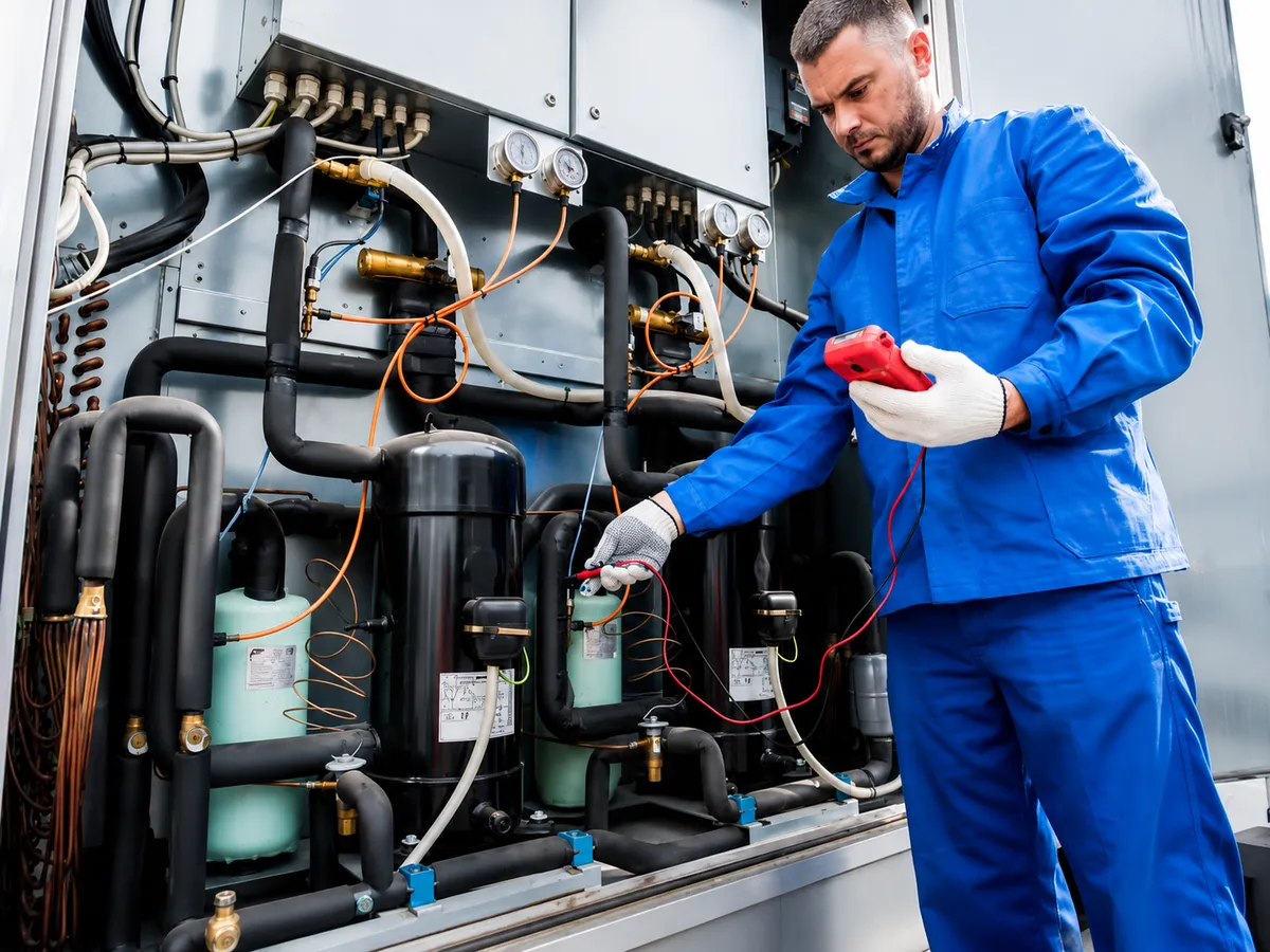 Frigorista de ITAFE reparando una central frigorífica en Málaga