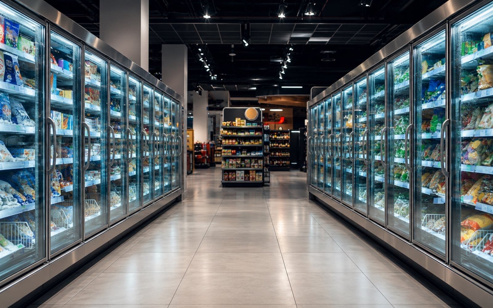 Refrigeración comercial B2B en Málaga · cámara frigorífica industrial de acero inoxidable con iluminación LED para supermercado y distribución