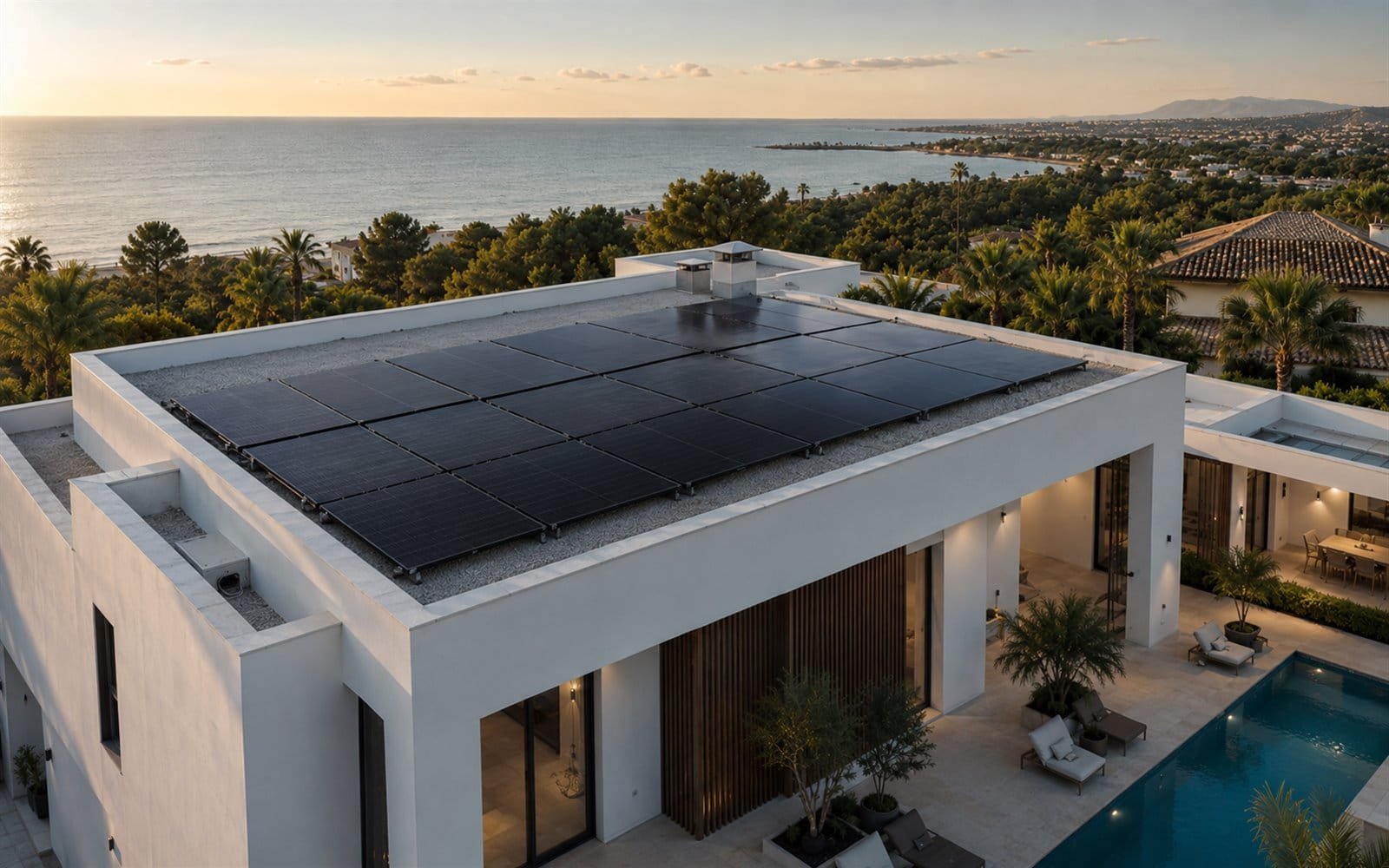 Autoconsumo solar fotovoltaico premium en villa de lujo Costa del Sol con paneles monocristalinos all-black y vistas al Mediterráneo